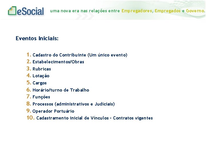 uma nova era nas relações entre Empregadores, Empregados e Governo. Eventos Iniciais: 1. Cadastro