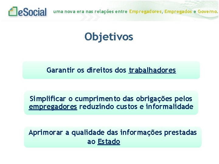 uma nova era nas relações entre Empregadores, Empregados e Governo. Objetivos Garantir os direitos