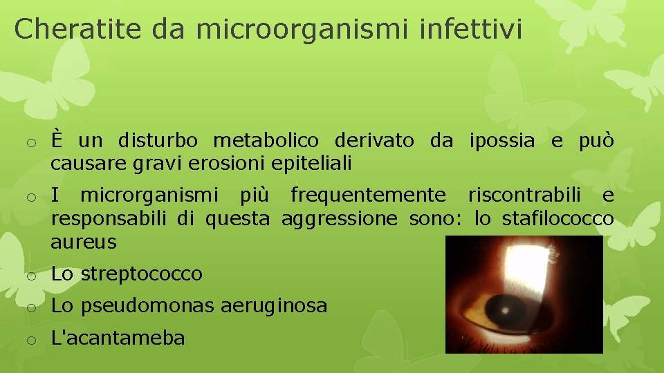 Cheratite da microorganismi infettivi o È un disturbo metabolico derivato da ipossia e può