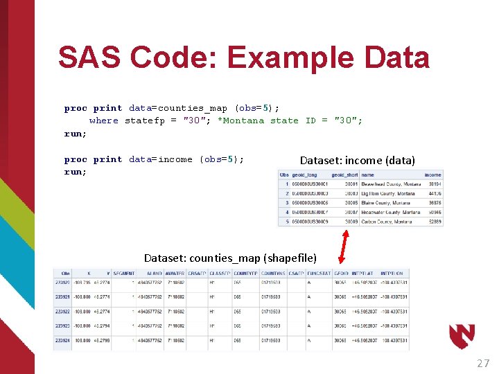 SAS Code: Example Data proc print data=counties_map (obs=5); where statefp = "30"; *Montana state