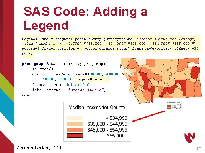 SAS Code: Adding a Legend 1 label=(height=1 position=top justify=center "Median Income for County") value=(height=1