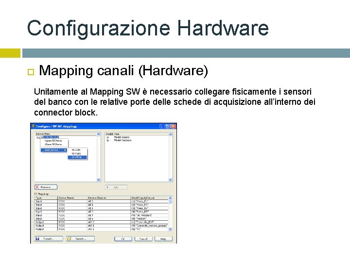 Configurazione Hardware Mapping canali (Hardware) Unitamente al Mapping SW è necessario collegare fisicamente i