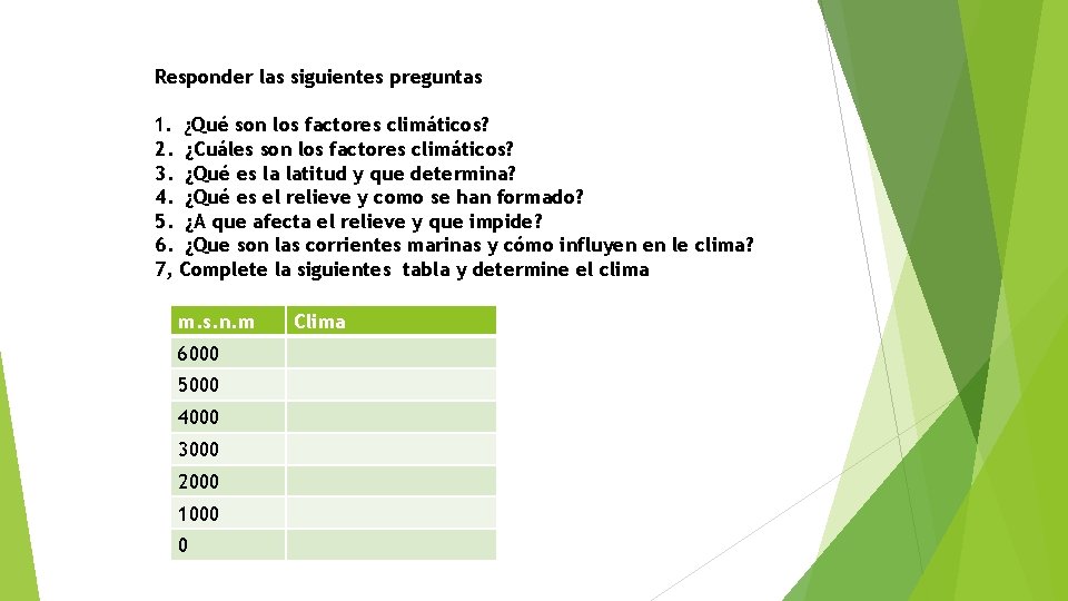 Responder las siguientes preguntas 1. ¿Qué son los factores climáticos? 2. ¿Cuáles son los