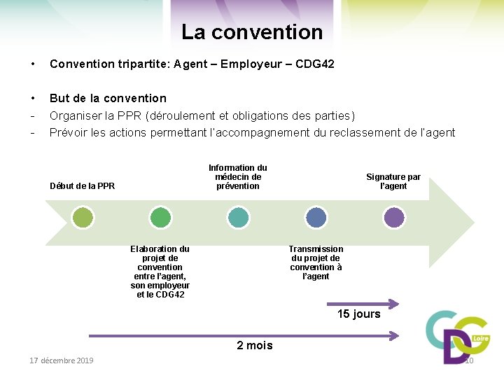 La convention • Convention tripartite: Agent – Employeur – CDG 42 • - But