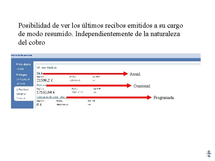 Posibilidad de ver los últimos recibos emitidos a su cargo de modo resumido. Independientemente