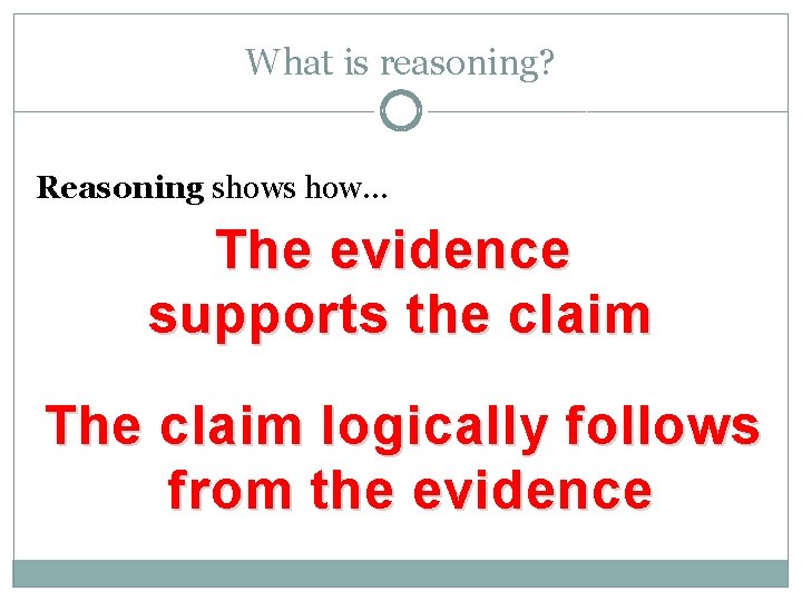 What is reasoning? Reasoning shows how… The evidence supports the claim The claim logically