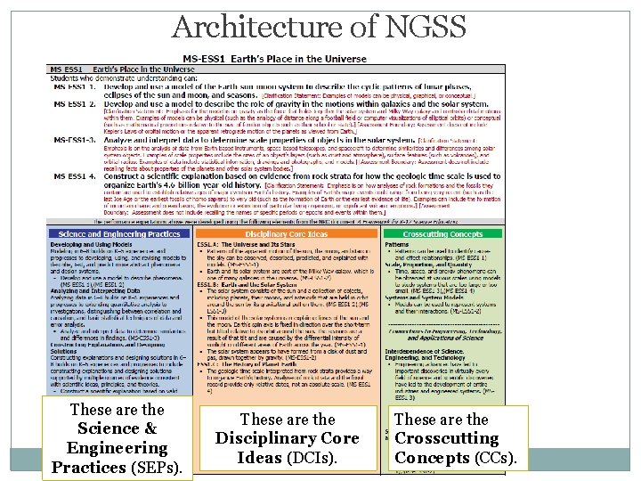 Architecture of NGSS These are the Science & Engineering Practices (SEPs). These are the