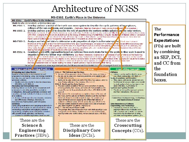 Architecture of NGSS The Performance Expectations (PEs) are built by combining an SEP, DCI,