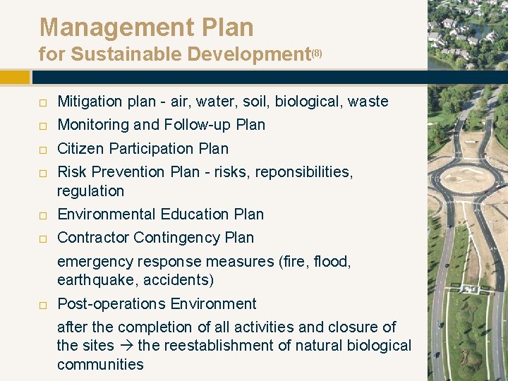 Management Plan for Sustainable Development(8) Mitigation plan - air, water, soil, biological, waste Monitoring