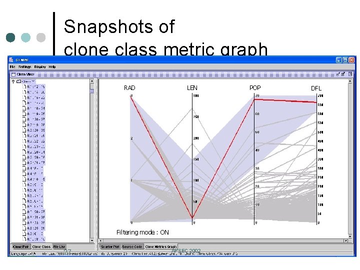 Snapshots of clone class metric graph RAD LEN Filtering mode : ON 27 APSEC