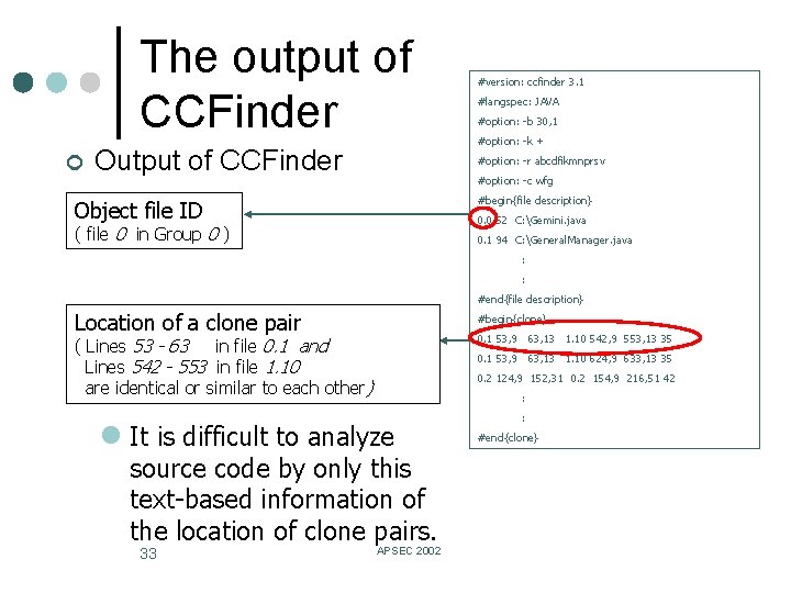 The output of CCFinder ¢ Output of CCFinder #version: ccfinder 3. 1 #langspec: JAVA