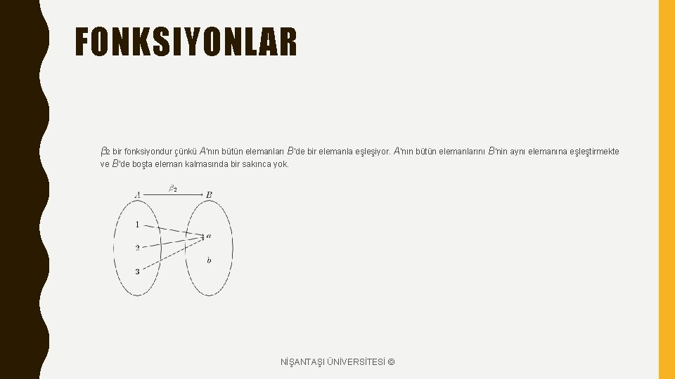 FONKSIYONLAR β 2 bir fonksiyondur çünkü A'nın bütün elemanları B'de bir elemanla eşleşiyor. A'nın