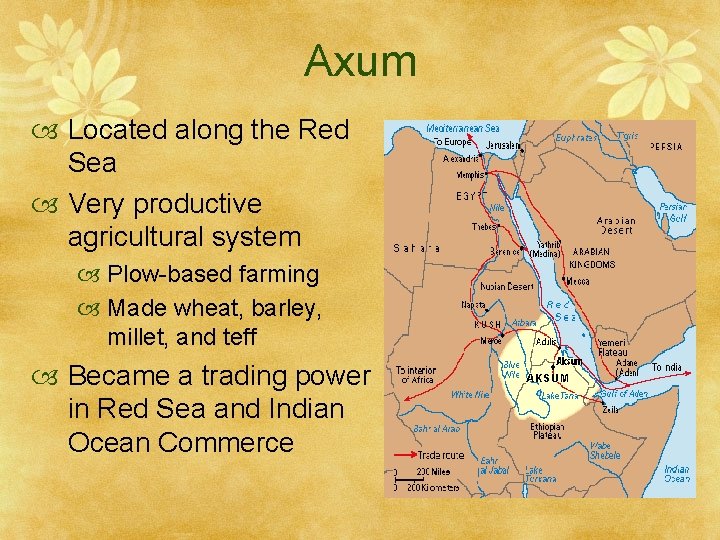 Axum Located along the Red Sea Very productive agricultural system Plow-based farming Made wheat,