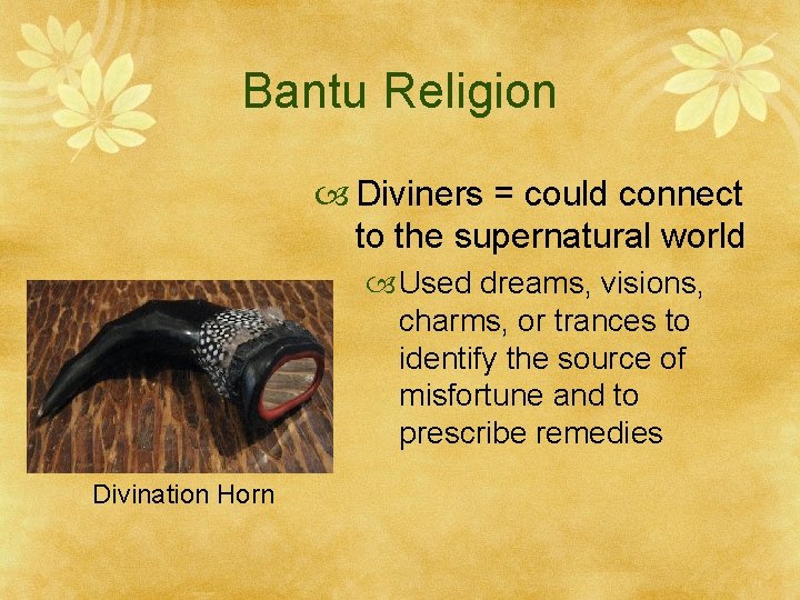 Bantu Religion Diviners = could connect to the supernatural world Used dreams, visions, charms,