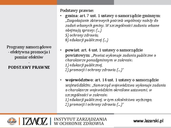 Podstawy prawne: • gmina: art. 7 ust. 1 ustawy o samorządzie gminnym: „Zaspokajanie zbiorowych