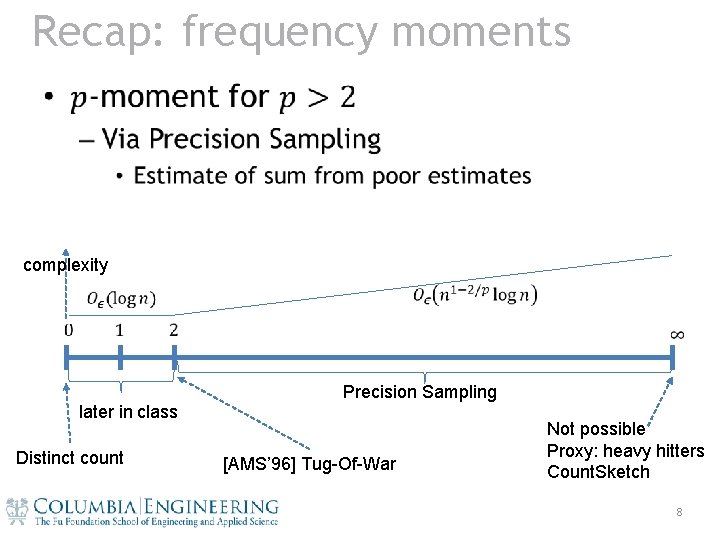Recap: frequency moments • complexity Precision Sampling later in class Distinct count [AMS’ 96]