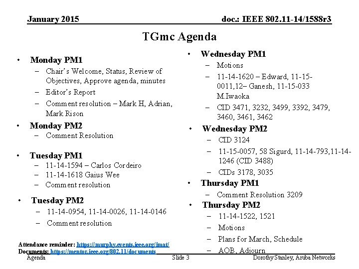 January 2015 doc. : IEEE 802. 11 -14/1588 r 3 TGmc Agenda • Monday