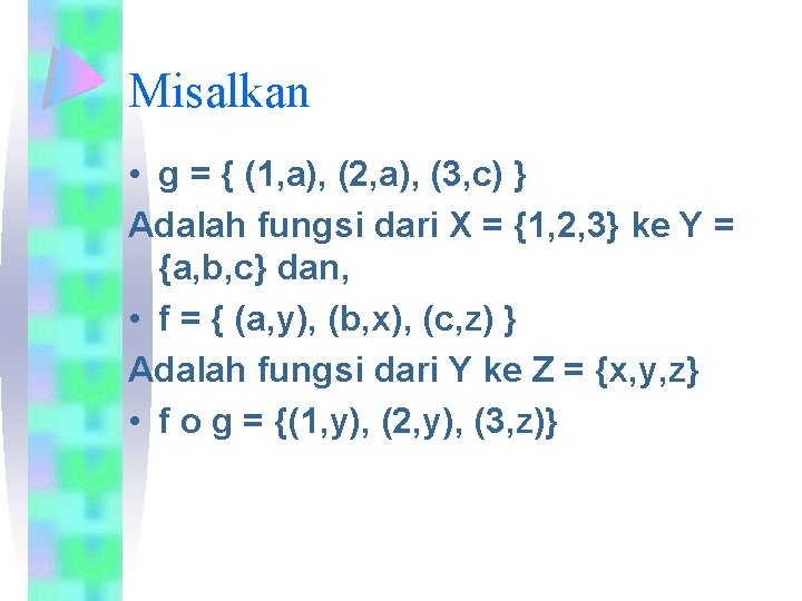 Misalkan • g = { (1, a), (2, a), (3, c) } Adalah fungsi