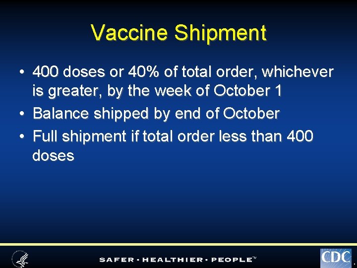 Vaccine Shipment • 400 doses or 40% of total order, whichever is greater, by