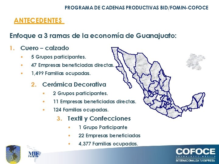 PROGRAMA DE CADENAS PRODUCTIVAS BID/FOMIN-COFOCE ANTECEDENTES Enfoque a 3 ramas de la economía de