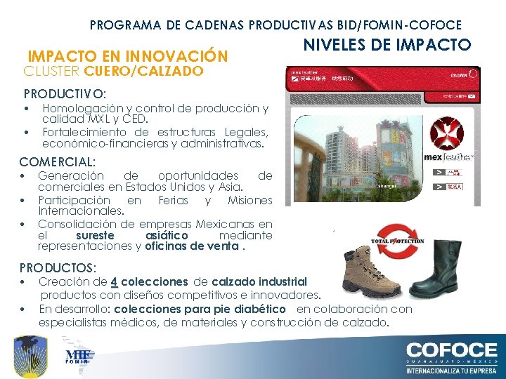 PROGRAMA DE CADENAS PRODUCTIVAS BID/FOMIN-COFOCE IMPACTO EN INNOVACIÓN NIVELES DE IMPACTO CLUSTER CUERO/CALZADO PRODUCTIVO: