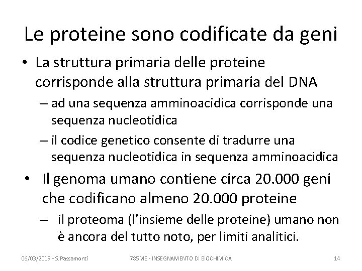 Le proteine sono codificate da geni • La struttura primaria delle proteine corrisponde alla