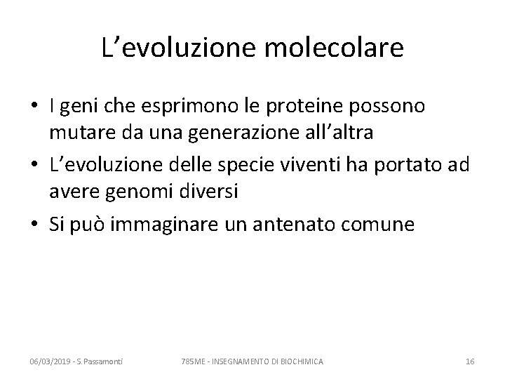 L’evoluzione molecolare • I geni che esprimono le proteine possono mutare da una generazione