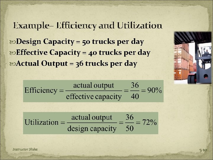 Example– Efficiency and Utilization Design Capacity = 50 trucks per day Effective Capacity =