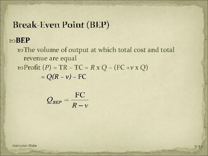 Break-Even Point (BEP) BEP The volume of output at which total cost and total