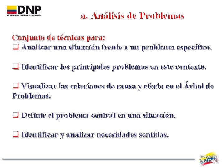 a. Análisis de Problemas Conjunto de técnicas para: q Analizar una situación frente a