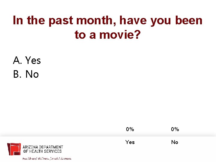 In the past month, have you been to a movie? A. Yes B. No