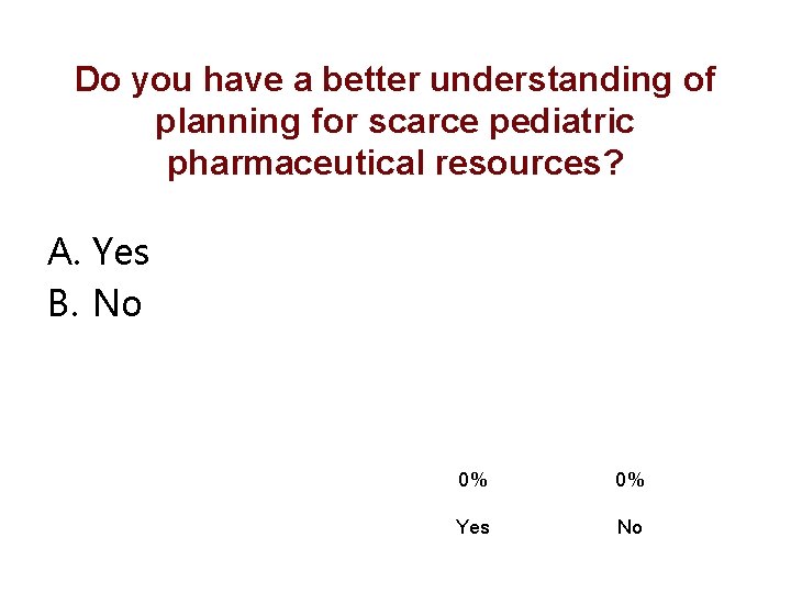 Do you have a better understanding of planning for scarce pediatric pharmaceutical resources? A.