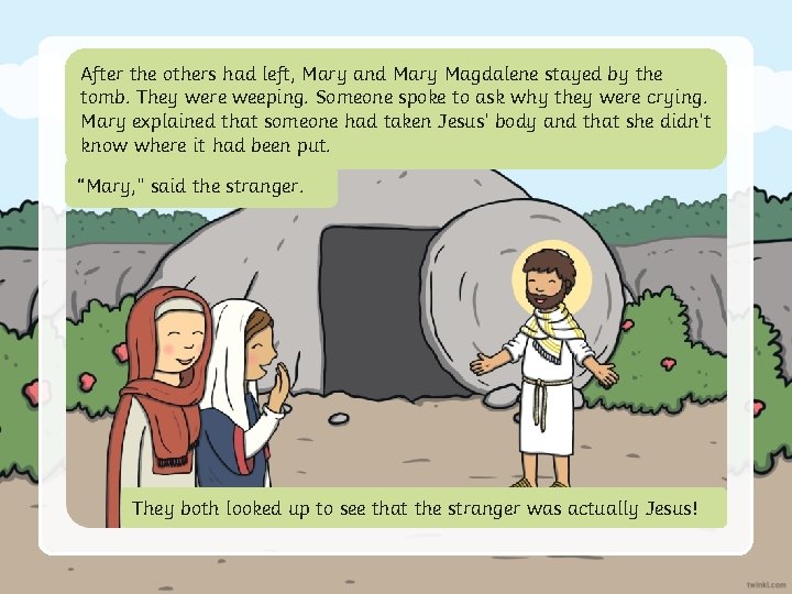 After the others had left, Mary and Mary Magdalene stayed by the tomb. They