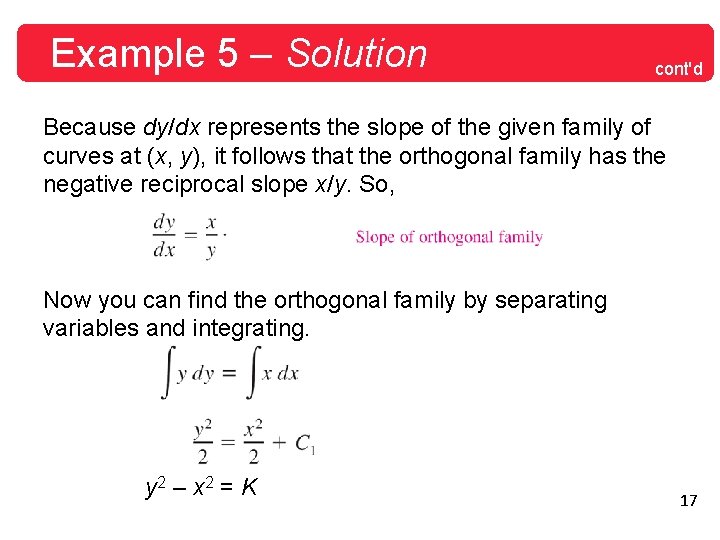 Example 5 – Solution cont'd Because dy/dx represents the slope of the given family