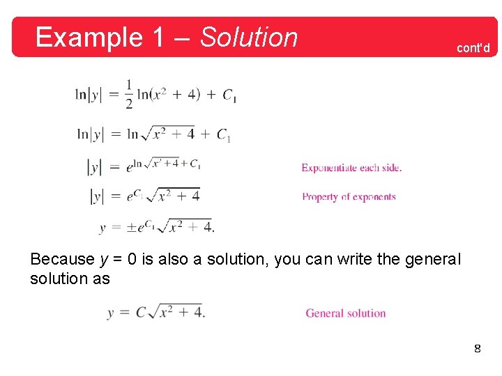 Example 1 – Solution cont'd Because y = 0 is also a solution, you