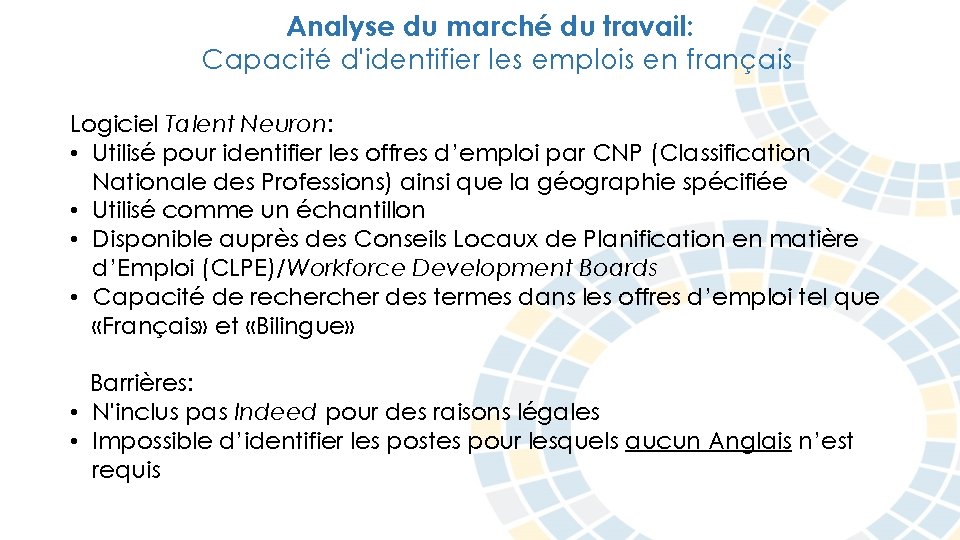 Analyse du marché du travail: Capacité d'identifier les emplois en français Logiciel Talent Neuron: