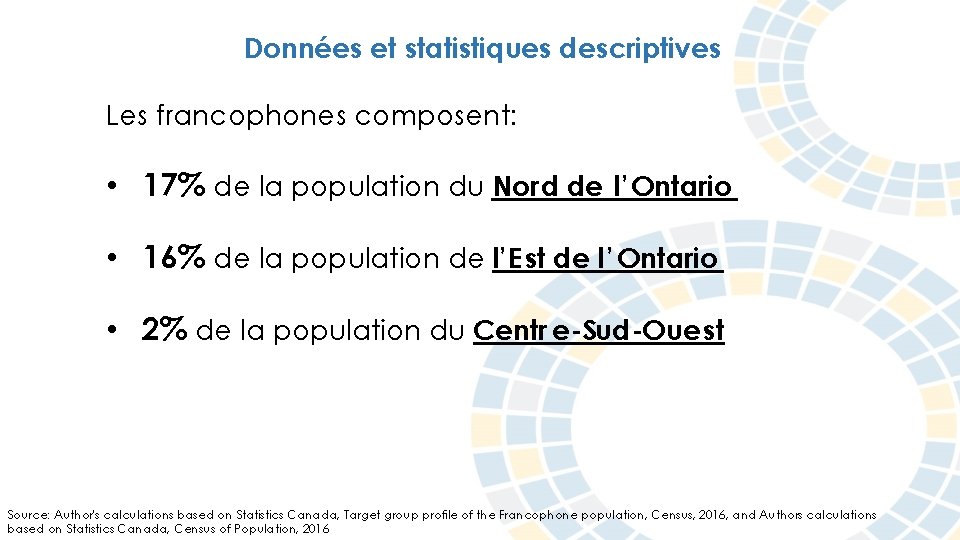 Données et statistiques descriptives Les francophones composent: • 17% de la population du Nord