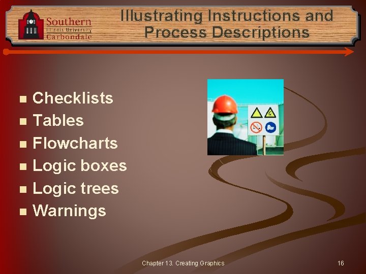 Illustrating Instructions and Process Descriptions n n n Checklists Tables Flowcharts Logic boxes Logic