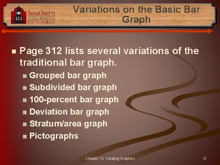 Variations on the Basic Bar Graph n Page 312 lists several variations of the