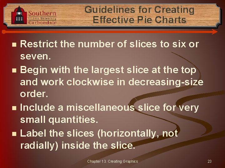 Guidelines for Creating Effective Pie Charts n n Restrict the number of slices to