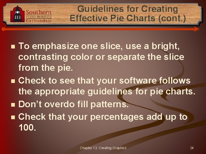 Guidelines for Creating Effective Pie Charts (cont. ) n n To emphasize one slice,