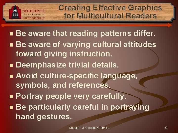Creating Effective Graphics for Multicultural Readers n n n Be aware that reading patterns