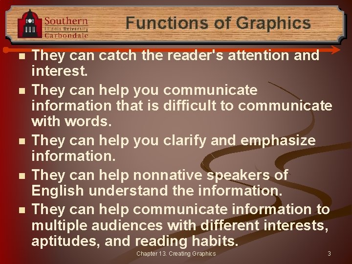 Functions of Graphics n n n They can catch the reader's attention and interest.