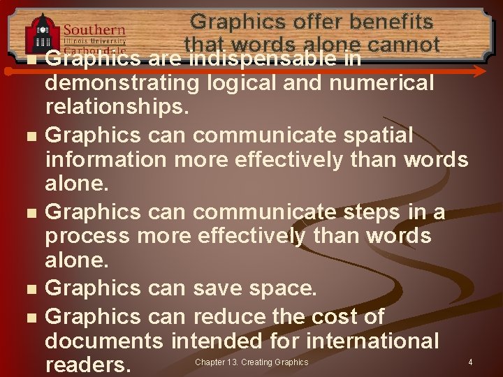 n n n Graphics offer benefits that words alone cannot Graphics are indispensable in