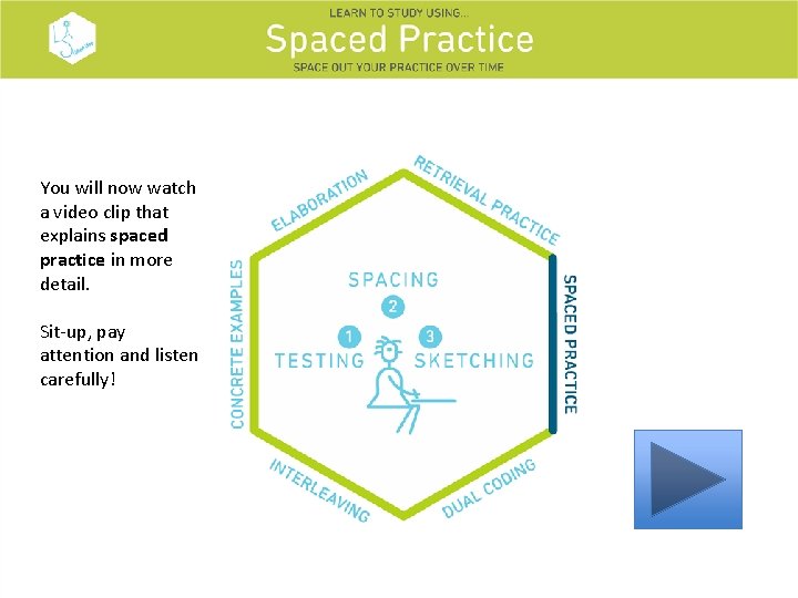 You will now watch a video clip that explains spaced practice in more detail.