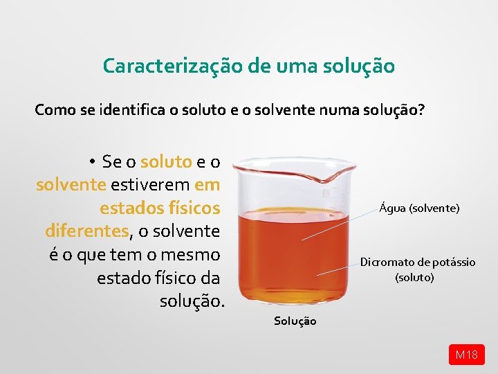 Caracterização de uma solução Como se identifica o soluto e o solvente numa solução?