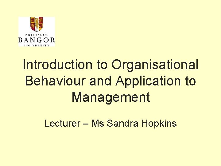 Introduction to Organisational Behaviour and Application to Management Lecturer – Ms Sandra Hopkins 