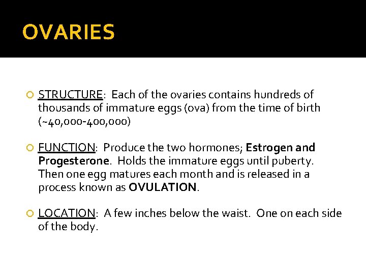 OVARIES STRUCTURE: Each of the ovaries contains hundreds of thousands of immature eggs (ova)