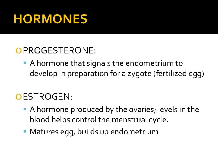 HORMONES PROGESTERONE: A hormone that signals the endometrium to develop in preparation for a