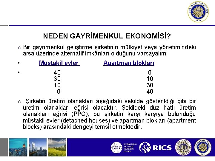 NEDEN GAYRİMENKUL EKONOMİSİ? o Bir gayrimenkul geliştirme şirketinin mülkiyet veya yönetimindeki arsa üzerinde alternatif